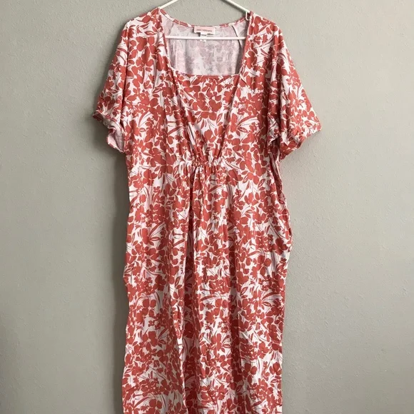 Stan Herman Printed Knit Jersey Square Neck Maxi Dress - Coral (sz XL) A476031 - Picture 2 of 5